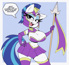 anthro armor big_breasts blue_hair bottomwear breasts clothed clothing crossgender female fur hair headgear helmet horn legwear looking_at_viewer melee_weapon mtf_crossgender polearm simple_background skirt solo spear tail text thigh_highs unconvincing_armor weapon white_body nelljoestar friendship_is_magic hasbro my_little_pony mythology shining_armor_(mlp) equid equine horse mammal mythological_creature mythological_equine pony unicorn digital_media_(artwork) hi_res