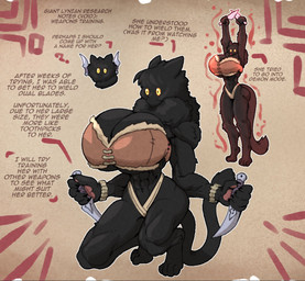 anthro barefoot big_breasts black_body black_fur black_hair bra breasts brown_bra brown_clothing brown_underwear cleavage clothed clothed_anthro clothed_female clothing dagger dual_wielding feet female fur hair holding_object holding_weapon huge_breasts melee_weapon muscular muscular_anthro muscular_female neck_tuft pawpads solo standing tail text thick_thighs tongue tongue_out tuft underwear weapon yellow_sclera thevarking capcom monster_hunter felid feline lynian mammal 2025 english_text hi_res