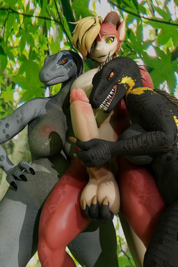 anthro balls big_balls big_breasts big_penis black_body breasts claws dominant dominant_female erection female genitals glans group hair hair_over_eye hand_on_leg hand_on_thigh humanoid_genitalia humanoid_penis looking_at_another looking_at_partner male narrowed_eyes nipples nude one_eye_obstructed open_mouth penis pupils red_body red_eyes red_scales scales sharp_teeth simple_background slit_pupils standing tail tan_body tan_scales teeth trio vein veiny_penis worried yellow_eyes kataou_(artist) furromantic_(modeler) valorlynz_(modeler) jurassic_park jurassic_world universal_studios blue_(jurassic_world) indoraptor_(furromantic) dinosaur dromaeosaurid indoraptor prehistoric_species reptile saurischian scalie theropod velociraptor 2:3 3d_(artwork) digital_media_(artwork) hi_res