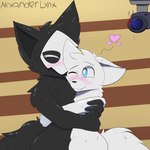 anthro black_body black_fur blue_eyes blush camera duo fur hug male mask simple_background white_body white_eyes white_fur alexander_lynx changed_(video_game) lin_(changed) puro_(changed) canid canine canis goo_creature mammal wolf 1:1 absurd_res hi_res