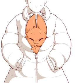 ambiguous_gender anthro blush bodily_fluids chest_tuft clothing cold duo fur happy jacket monotone_background monotone_body monotone_fur orange_body orange_fur simple_background smile squish sweat sweatdrop topwear tuft under_clothes warming winter_jacket macon_maro mythology nimp_dragon_(character) dragon furred_dragon furred_scalie human mammal mythological_creature mythological_scalie scalie colored hi_res