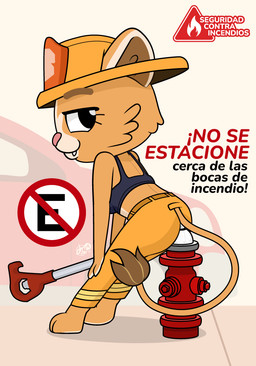 anthro armor bottomwear bra butt clothing female fire_hydrant firefighter furgonomic_bottomwear furgonomic_headwear furgonomics headgear helmet looking_at_viewer public_service_announcement sports_bra tail text underwear wedgie dm29 evita_fuegos felid lion mammal pantherine 2025 signature spanish_text translated
