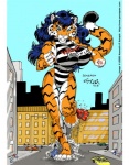 anthro big_breasts breasts car city clothed clothing female group leotard macro prison_stripes prisoner rampage running solo_focus stripes tail text text_on_clothing vehicle wide_hips kencougr senergy felid mammal pantherine tiger 2002 english_text