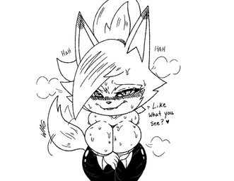anthro bangs big_breasts biped blush bodily_fluids breasts cleavage clothed clothing female looking_at_viewer seductive solo sweat text skybeatz idw_publishing sega sonic_the_hedgehog_(comics) sonic_the_hedgehog_(idw) sonic_the_hedgehog_(series) whisper_the_wolf canid canine canis mammal wolf absurd_res black_and_white digital_drawing_(artwork) digital_media_(artwork) english_text handwritten_text hatching_(art) hi_res line_art monochrome portrait shaded three-quarter_portrait