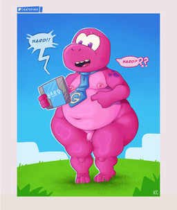 accessory anthro balls belly big_butt butt casual_nudity chubby_cheeks curious dialogue dialogue_box electronics fatty_humps flaccid genitals glass happy innocent_expression magenta_body male navel necktie nipple_dip nipples nude open_mouth outside overweight penis slightly_chubby small_penis solo speech_bubble tablet thick_thighs katxfish gameoverse glitch_productions gobbles_(gameoverse) dinosaur prehistoric_species reptile scalie absurd_res hi_res