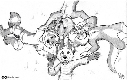 anthro bottomwear cheek_tuft chest_tuft closed_smile clothed clothing facial_tuft featureless_crotch glistening glistening_eyes gloves_(marking) group happy head_tuft leg_markings logo lying male markings mouth_closed nude on_back open_mouth open_smile shirt shorts smile socks_(marking) t-shirt topwear tuft young young_anthro young_male pandapaco art_(pandapaco) biro_(pandapaco) canid canine mammal mustelid otter procyonid raccoon artist_logo monochrome signature sketch