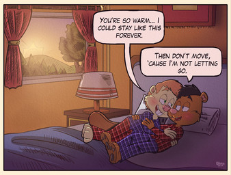 achillean anthro barefoot big_bed blue_eyes blue_flannel brown_body brown_fur cuddling duo eye_contact feet fur green_eyes hair interspecies_romance looking_at_another male male/male orange_hair orange_tail pink_nose predator/prey red_flannel romantic romantic_couple same_sex sunset sweet_talking tail text yellow_body yellow_fur bimbeaver27 jeremy_rivers nathan_beckett bear beaver brown_bear mammal rodent ursine english_text