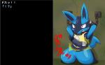 16:10 ambiguous_gender anthro bound canid canine chain dialogue duo generation_4_pokemon hukitsuneko japanese_text kick kneeling lucario mammal nintendo pokemon pokemon_(species) red_eyes semi-anthro simple_background text translated widescreen