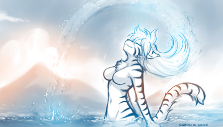 alternate_species anthro blue_line_art blue_text breasts butt chest_tuft crossgender crotch_lines extended_arms eyes_closed featureless_breasts female fur furrification hair leaning leaning_backward long_hair long_tail markings mountain mouth_closed mtf_crossgender navel nude nude_anthro nude_female outside partially_submerged pose sea skinny_dipping sky slim_anthro slim_female smile snout solo striped_body striped_fur striped_markings striped_tail stripes tail tail_markings text thin_tail tuft water wet_hair wet_hair_flip white_body conditional_dnp tom_fischbach twokinds tiger_trace trace_legacy felid keidran mammal pantherine tiger 2025 7:4 adobe_photoshop_(artwork) colored_line_art digital_media_(artwork) english_text hi_res monochrome sketch male_(lore)