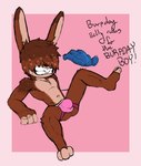 angry anthro birthday bulge butt clothing detailed_bulge disembodied_hand duo ghost_hand hair hair_over_eyes jockstrap lying male on_back snarling solo_focus underwear humazawhat dexter_(littlerager) lagomorph leporid mammal rabbit hi_res