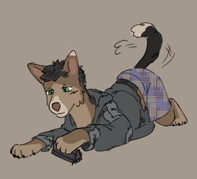 age_regression brown_body brown_fur clothing dipstick_tail feral fur green_eyes lying male markings on_front oversized_clothing playing solo tail tail_markings tail_motion tailwag toy_train white_tail_tip puppyratcat jack_(puppyratcat) canid canine canis domestic_dog mammal