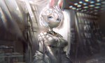 anthro biped blue_eyes clothed clothing eyebrows female fur hair kemono light_rays looking_at_viewer midriff navel short_hair solo white_body white_fur white_hair utterangle white_fox_(utterangle) mammal chromatic_aberration digital_media_(artwork) hi_res