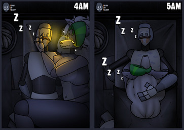anthro big_breasts bodily_fluids breasts clothing duo facial_hair female glowing glowing_eyes grey_body grey_hair hair legwear machine male male/female mustache nude saliva sex sleep_sex sleeping thigh_highs beanontoast five_nights_at_freddy's five_nights_at_freddy's:_security_breach scottgames steel_wool_studios roxanne_wolf s.t.a.f.f._bot_(fnaf) animatronic canid canine canis humanoid mammal robot robot_humanoid wolf comic hi_res