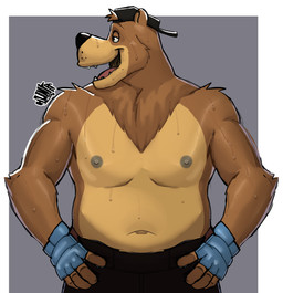 anthro arm_tuft backwards_baseball_cap backwards_hat baseball_cap belly bodily_fluids bottomwear brown_body brown_fur clothed clothing fingerless_gloves fur gloves hands_on_hips handwear hat head_tuft headgear headwear looking_sideways male moobs musclegut muscular navel neck_tuft nipples open_mouth pants shoulder_tuft simple_background slightly_chubby solo standing sweat tan_body tan_fur teeth_showing tongue topless topless_male tuft hunter-husky arches_(game) echo_(series) echo_project devon_ortega bear brown_bear mammal ursine hi_res