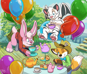 anthro balloon black_wings blue_eyes cheek_tuft closed_smile clothed clothing container cup facial_tuft fur green_clothing green_topwear group holding_container holding_cup holding_object inflatable logo male membrane_(anatomy) membranous_wings mouth_closed nude one_eye_closed open_mouth orange_body orange_fur pink_body pink_fur red_clothing red_tongue red_topwear smile striped_arms striped_legs teapot tongue topwear trio tuft white_body white_fur wings young young_anthro young_male pandapaco canid canine felid fox lagomorph leporid mammal pantherine rabbit tiger artist_logo signature
