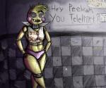 anthro bib breasts clothed clothing dialogue female glowing glowing_eyes graffiti half-closed_eyes looking_at_viewer machine narrowed_eyes non-mammal_breasts open_mouth panties sharp_teeth smile solo teeth text underwear homo_the_domo five_nights_at_freddy's five_nights_at_freddy's_2 scottgames toy_chica_(fnaf) animatronic avian bird chicken galliform gallus_(genus) phasianid robot 2018 6:5 digital_media_(artwork) english_text hi_res