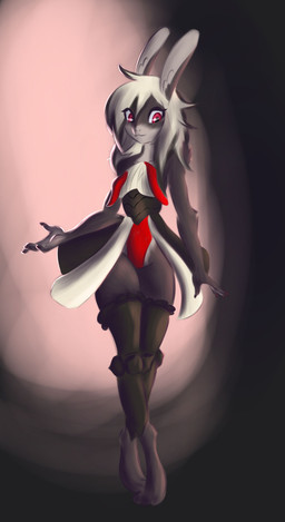 adventurer anthro armor cave clothed clothing dark female front_view inside partially_clothed pose skimpy solo unitard mystalker canid canine canis lagomorph leporid mammal rabbit wolf full-length_portrait hi_res pinup portrait