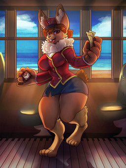 anthro breasts buckteeth clock clothing cloud day detailed_background female fingerpads hair hat headgear headwear holding_object holding_paper inside_train looking_at_viewer on_one_leg paper pawpads red_eyes smile solo standing teeth thick_thighs ticket wide_hips window general-irrelevant lagomorph leporid mammal rabbit 3:4 hi_res