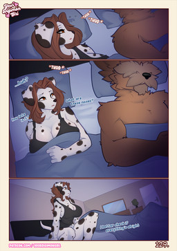 anthro bed bedroom big_breasts black_body black_fur breasts brown_body brown_fur brown_hair clothing dialogue female fur furniture hair male male/female married_couple multicolored_body multicolored_fur panties shirt sleeping tail tank_top text topwear two_tone_body two_tone_fur underwear waking_up white_body white_fur conditional_dnp yourdigimongirl bandai_namco leo's_dad_(yourdigimongirl) leo's_mom_(yourdigimongirl) canid canine canis dalmatian domestic_dog hunting_dog mammal terrier comic digital_media_(artwork) english_text hi_res url