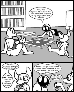 2_horns all_fours anthro armor board_game book bookshelf bottomless breastplate butt card_game claws clothed clothing cute_fangs dialogue eyebrows fangs finger_claws furniture gaming group holding_cards horn knee_pads long_sleeves male mouthless no_pupils nude on_ground open_mouth raised_eyebrow robe shirt short_tail shoulder_pads sitting tail teeth text tissue toe_claws topwear trio ultilix caspar_(ultilix) leo_the_magician to-be-named-later amphibian demon frog humanoid shadow_creature 2025 comic english_text greyscale monochrome multiple_scenes