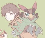 anthro beak brown_body brown_feathers brown_hair claws duo feathers feet green_eyes grin hair male smile talons toes ybhk77 bandai_namco digimon digimon_survive falcomon_(survive) minoru_hyuga avian bird digimon_(species) falcomon human mammal