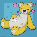 eyes_closed plushie pregnant simple_background yellow_body symrea bandai_namco digimon animate_inanimate bear digimon_(species) living_plushie mammal monzaemon 1:1 hi_res