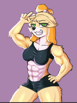 abs anthro biceps female female_anthro gesture hand_gesture muscular muscular_anthro muscular_female simple_background solo sportswear v_sign naachi animal_crossing nintendo isabelle_(animal_crossing) canid canine canis domestic_dog mammal shih_tzu toy_dog