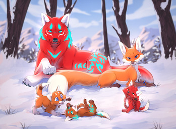 ambiguous_gender black_nose black_pawpads blue_eyes blue_markings brown_markings brown_nose cheek_tuft claws day dipstick_tail facial_tuft female feral forest fur glowing glowing_markings grass group larger_male looking_at_another lying male markings nude on_back on_front open_mouth open_smile orange_body orange_fur outside pawpads plant red_body red_fur sitting size_difference smile smiling_at_another snow standing tail tail_markings teeth tree tuft white_body white_claws white_fur young azzai canid canine canis fox mammal red_fox true_fox wolf 2022 colored digital_drawing_(artwork) digital_media_(artwork) shaded parent_(lore) parent_and_child_(lore)