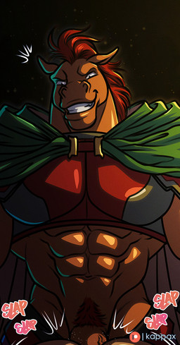 abs anthro armor big_muscles big_pecs cape clothing from_behind_position genitals green_cape green_clothing hair male muscular muscular_anthro muscular_male navel onomatopoeia pecs penis pubes red_hair sex smile sound_effects text vein veiny_penis kappax words_worth stallion_(character) equid equine horse mammal hi_res