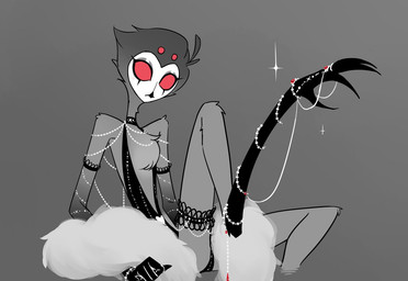 4_eyes anthro beak chest_tuft clothed clothing feet femboy grey_background jewelry lingerie long_legs looking_at_viewer male multi_eye red_eyes simple_background solo talons toes tuft rainwoodwood hellaverse helluva_boss stolas_(helluva_boss) avian bird demon owl 2024 digital_media_(artwork)
