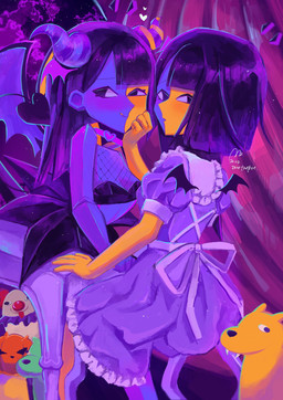 alternative_fashion anime_style black_hair blep blue_body breasts clothing clown clown_nose dress duo female female/female feral fishnet_clothing fishnet_topwear hair j-fashion lolita_(fashion) multicolored_body not_furry selfcest smile square_crossover sweet_lolita tongue tongue_out topwear two_tone_body yellow_body usagimarumei ena_(series) ena_(web_series) ena_(joel_g) hourglass_dog_(ena) canid canine canis demon demon_humanoid domestic_dog ena_(species) humanoid mammal digital_media_(artwork) hi_res