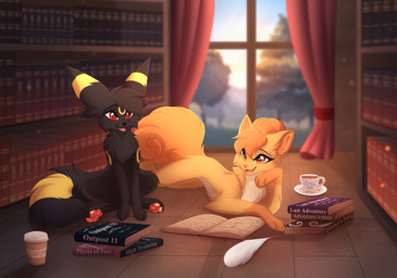 beverage black_body black_fur blonde_hair book brown_eyes coffee coffee_cup coffee_mug container cup duo female feral floor fur hair male open_mouth pawpads paws reading reading_book red_eyes smile text wood wood_floor yellow_body yellow_fur elisawind nintendo pokemon maylina tappy_the_bwe eeveelution generation_1_pokemon generation_2_pokemon pokemon_(species) umbreon vulpix english_text hi_res