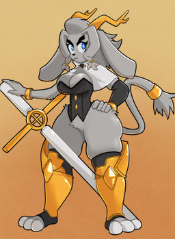 angry anthro big_breasts blue_eyes bracelet breasts clothing corset female footwear fur gold_(metal) gradient_background grey_body grey_fur holding_object holding_weapon horn huge_hips huge_thighs jewelry legwear lingerie melee_weapon orange_background serious simple_background solo star-shaped_pupils sword tail thick_thighs thigh_highs toeless_footwear topwear weapon wide_hips yellow_background roboticsteve pseudoregalia sybil_(pseudoregalia) lagomorph leporid mammal rabbit absurd_res full-length_portrait hi_res portrait