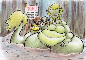 anthro belly big_belly blonde_hair breasts clothing duo female green_body hair male outside overweight sign simple_background split_form text thick_thighs yellow_clothing shar0makai aquatic human mammal merfolk swamp_monster 2019 hi_res traditional_media_(artwork)