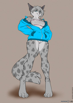 4_toes anthro barbell_piercing barefoot blue_clothing blue_eyes blue_jacket blue_topwear bottomless breasts clitoral_hood clitoris clothed clothing digitigrade facial_piercing feet female fishnet_clothing fishnet_topwear front_view fur genitals grey_body grey_fur grey_hair hair hand_in_pocket hindpaw jacket looking_at_viewer looking_down markings nipple_piercing nipples nose_piercing nose_ring open_clothing open_jacket open_topwear paws piercing pockets ring_piercing septum_piercing septum_ring short_hair simple_background small_breasts solo spots spotted_body spotted_fur standing sweater text toes topwear vulva foxboy83 kaley_(lynxer) domestic_cat felid feline felis lynx mammal colored flat_colors full-length_portrait hi_res portrait url