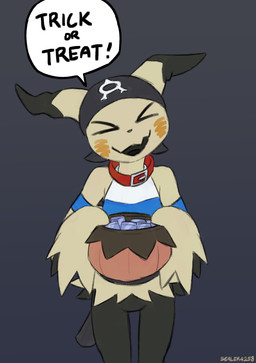 anthro anthrofied biped black_tongue bottomless bottomless_anthro bottomless_female clothed clothed_anthro clothed_female clothing collar dialogue eyes_closed female front_view grey_background headgear headwear holding_object holidays open_mouth open_smile partially_clothed partially_clothed_anthro partially_clothed_female pokemorph simple_background smile solo speech_bubble standing tail text tongue topwear yellow_body sealer4258 halloween nintendo pokemon mimi_(sealer4258) generation_7_pokemon mimikyu pokemon_(species) 2025 absurd_res digital_drawing_(artwork) digital_media_(artwork) english_text hi_res
