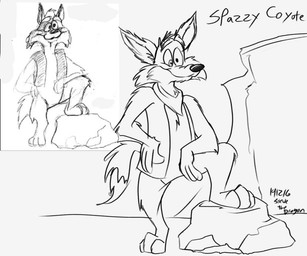3_toes 4_fingers anthro barefoot bent_leg biped black_nose bottomless bottomless_anthro bottomless_male canyon cheek_tuft chest_tuft chin_tuft clothed clothing comparison desert dipstick_tail ears_outwards eyebrows facial_tuft feet fingers fluffy fluffy_tail googly_eyes head_tuft humanoid_hands kerchief knee_tuft leg_tuft male markings neckerchief neckwear on_rock open_clothing open_topwear open_vest outside paws pecs pivoted_ears plantigrade prototype raised_eyebrows raised_heel rock smile solo standing standing_on_toes tail tail_markings text thick_eyebrows tiptoes toes toony topwear tuft vest stevethedragon coyoteville sean_o'desse spazzy_coyote canid canine canis coyote mammal 2019 6:5 black_and_grey character_name dated digital_drawing_(artwork) digital_media_(artwork) graphite_(artwork) line_art monochrome redraw reference_image signature sketch traditional_media_(artwork)