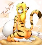 anthro bed big_breasts biped blonde_hair breasts brown_nose butt female fur furniture green_eyes hair huge_breasts hyper hyper_breasts long_hair orange_body orange_fur sitting solo stripes thick_thighs leonkatlovre tabytha_starling felid mammal pantherine tiger 2013 hi_res