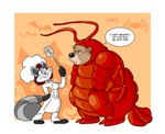 anthro chef chef_costume duo female holidays lobster_costume male male/female spatula tools belugatoons halloween chad_(belugatoons) eve_(belugatoons) arthropod bear crustacean decapoda lobster malacostracan mammal marine procyonid raccoon