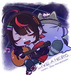 anthro black_hair brown_body brown_fur chibi clothing coat duo female fur guitar hair lab_coat male musical_instrument plucked_string_instrument sitting string_instrument supervillain topwear sskmpst lifewonders live_a_hero sensettia viscunam human mammal hi_res