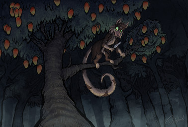 anthro bottomless brown_body brown_fur clothed clothing dagger darkness dendrolagus female food forest fruit fur green_sclera holding_object holding_weapon hoodie jacket jacket_only long_tail looking_down mango_(fruit) melee_weapon orange_eyes pink_nose plant solo standing_on_branch tail tan_body tan_fur topwear topwear_only tree weapon deidad_dissitum yudicatt macropod mammal marsupial tree-kangaroo hi_res