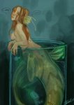 5_fingers blush bodily_fluids breasts brown_hair container dialogue female fingers green_body green_scales hair implied_transformation nipples scales simple_background solo split_form tears text water wet nakitacat humanoid marine merfolk 2018 english_text hi_res