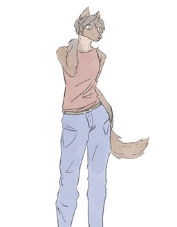 anthro bottomwear breasts brown_body brown_fur brown_hair brown_nose cheek_tuft clothed clothing denim denim_bottomwear denim_clothing facial_tuft female fingers fully_clothed fur fur_tuft gloves_(marking) hair hand_on_hip hand_on_neck inner_ear_fluff jeans markings neutral_expression pants pointy_ears short_hair simple_background solo standing tail tan_body tan_fur tuft white_background himynameis canid canine mammal clip_studio_paint_(artwork) colored digital_drawing_(artwork) digital_media_(artwork) hi_res sketch