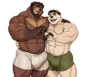 abs anthro barazoku beard biceps big_muscles black_hair brown_body brown_eyes brown_fur brown_hair bulge clothing deltoids detailed_bulge duo eyebrow_scar eyebrows facial_hair facial_scar fur genital_outline gesture green_eyes hair heart_gesture hug looking_at_viewer male male/male muscular muscular_anthro muscular_male navel nipples open_mouth pecs penis_outline scar simple_background smile smiling_at_viewer underwear white_body white_fur imato charlie_o'conner han salem_(imato) salem_and_charlie bear brown_bear mammal polar_bear ursine digital_media_(artwork) hi_res
