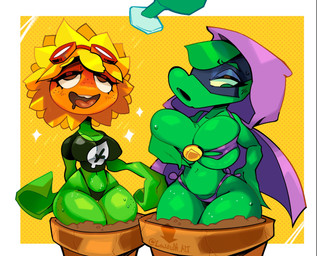 big_breasts black_clothing black_shirt black_thong black_topwear black_underwear blue_mask bodily_fluids border breast_squish breasts brown_eyes cape clothing drooling duo eyelashes eyewear eyewear_on_head female flower freckled_face freckled_legs freckled_thighs freckles goggles goggles_on_head green_body green_eyes green_hair hair hand_on_breast hand_on_butt hand_on_own_breast hand_on_own_butt hood leaf leaf_arms leaf_hair navel nipple_outline not_furry open_mouth open_smile orange_face petal_hair petals plant plant_hair plant_pot pseudo_hair purple_cape purple_clothing purple_hood purple_thong purple_underwear red_eyewear red_goggles red_tongue saliva shirt siphon_(anatomy) smile squish teeth thick_thighs thong tight_clothing tongue topwear underwear watering_can white_border yellow_body yellow_petals lewdwh_alt electronic_arts plants_vs._zombies plants_vs._zombies_heroes popcap_games green_shadow solar_flare_(pvz) elemental_creature elemental_humanoid flora_fauna flower_creature humanoid peashooter_(pvz) plant_humanoid sunflower_(pvz) 2025 colored digital_media_(artwork) hi_res shaded signature