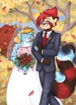 anthro autumn autumn_leaves black_nose black_tie_(suit) blonde_hair blue_eyes bride clothed clothing detailed_background dress duo eyewear falling_leaves female flower fully_clothed hair leaf male male/female married necktie outside pink_nose plant red_hair romantic romantic_ambiance romantic_couple short_hair smile spots stripes suit sunglasses tail tree veil wedding wood taen moredena cheetah felid feline mammal procyonid raccoon portrait three-quarter_portrait traditional_media_(artwork)