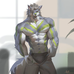anthro biped black_clothing black_sclera black_underwear blue_body blue_fur bottomwear bulge clothed clothing front_view fur green_body green_eyes green_fur grey_bottomwear grey_clothing grey_hair grey_pants grey_teeth hair looking_at_viewer male male_anthro multicolored_body multicolored_fur muscular muscular_anthro muscular_male navel open_mouth pants pecs red_tongue short_hair solo standing teeth tongue topless underwear white_body white_fur awaldkize canid canine mammal 1:1 2025 absurd_res dated hi_res portrait signature three-quarter_portrait