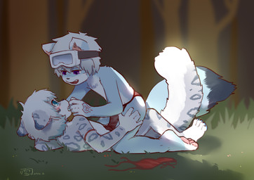 anthro arm_markings black_ear_tips black_spots black_tail_tip blue_body blue_ears blue_fur blue_pawpads blue_paws blue_tail blush blush_lines bottomwear bottomwear_aside cheek_tuft chest_tuft clothing clothing_aside cute_fangs dipstick_ears dipstick_tail duo ear_markings ears_down eyewear eyewear_on_head facial_tuft fangs forest forest_background fox_ears fox_tail fur gloves_(marking) goggles goggles_on_head grey_body grey_ears grey_fur hair hand_markings hand_on_cheek hand_on_leg hand_on_thigh headgear imminent_sex leaning leaning_forward leopard_spots light light_beam loincloth loincloth_aside loincloth_removed looking_at_another lying male male/male markings messy_hair multicolored_ears naturally_censored nature nature_background nervous nude on_back open_mouth outside pawpads pink_inner_ear pink_pawpads pivoted_ears plant purple_eyes red_bottomwear red_clothing red_loincloth red_markings shadow smug smug_face spots straddling sunbeam sunlight tail tail_markings teasing teeth tongue tree tuft white_body white_ear_tips white_fur white_hair white_paws young young_anthro young_male teien canid canine canis felid feline felis fox mammal pantherine snow_leopard absurd_res hi_res signature