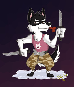 3_toes 4_fingers anthro barefoot biped black_body black_fur black_nose bottomwear camo camo_clothing camo_print clothed clothing dagger digitigrade dog_treat dual_wielding feet fingers front_view fully_clothed fur holding_object holding_weapon knife looking_at_viewer male melee_weapon mouth_hold pants pattern_clothing pet_food reverse_grip shirt simple_background solo standing tank_top toes toony topwear weapon white_body white_fur sibsy undertale undertale_(series) doggo_(undertale) canid canine canis domestic_dog mammal 2016 cel_shading shaded