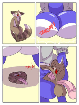 anthro backsack balls blue_body blue_fur brown_body brown_fur butt butt_crushing butt_shadow covering covering_crotch death embarrassed flattening_fetish folded fur genitals looking_down penis cosmo_allstar_(artist) fable_(cosmo) ozzie_(cosmo) domestic_ferret kangaroo macropod mammal marsupial mustelid musteline true_musteline weasel 3:4 comic